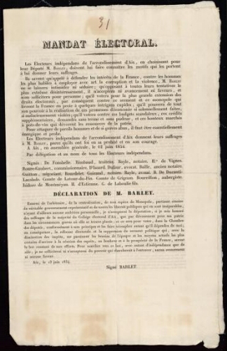 Mandat électoral [….] Déclaration de M. Barlet. Extraits de journaux