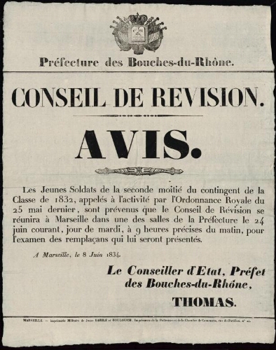 Conseil de révision. Avis / Préfecture des Bouches-du-Rhône