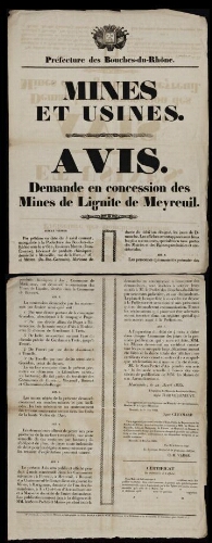 Mines et usines : avis : demande en concession des mines de lignite de Meyreuil  / Préfecture des Bouches-du-Rhône