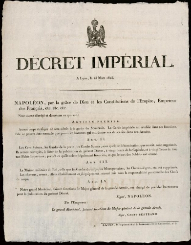 Décret impérial. A Lyon, le 13 mars 1815 / Napoléon
