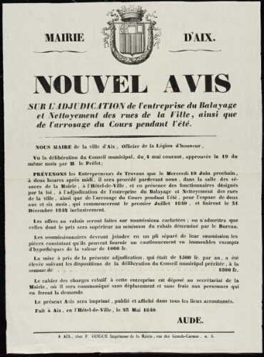 Nouvel avis sur l'adjudication de l'entreprise du balayage et nettoyement des rues de la ville, ainsi que de l'arrosage du cours pendant l'été / Mairie d'Aix