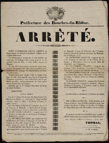 Arrêté[...] les six collèges électoraux du département... se réuniront  / Préfecture des Bouches-du-Rhône