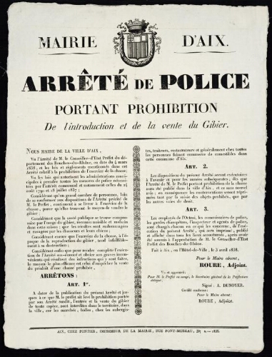 Arrêté de police portant prohibition de l'introduction et de la vente du gibier   / Mairie d'Aix