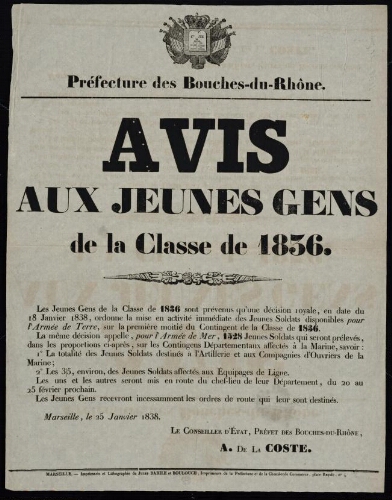 Avis aux jeunes gens de la classe de 1836   / Préfecture des Bouches-du-Rhône
