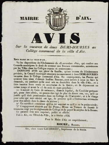 Avis sur la vacance de deux demi-bourses au collège communal...   / Mairie d'Aix