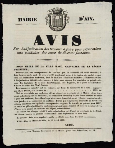 Avis sur l'adjudication des travaux à faire pour réparations aux conduites des eaux de diverses fontaines   / Mairie d'Aix