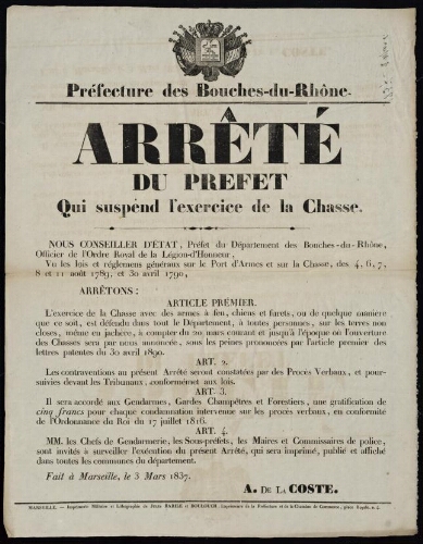 Arrêté du préfet qui suspend l'exercice de la chasse   / Préfecture des Bouches-du-Rhône