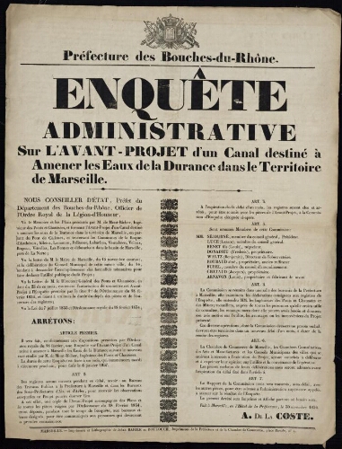 Enquête administrative sur l'avant-projet d'un canal destiné à amener les eaux de la Durance dans le territoire de Marseille   / Préfecture des Bouches-du-Rhône