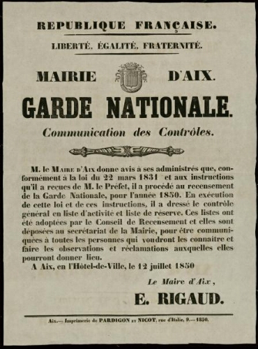 République française. Liberté, égalité, fraternité... Garde nationale. Communication des contrôles / Mairie d'Aix