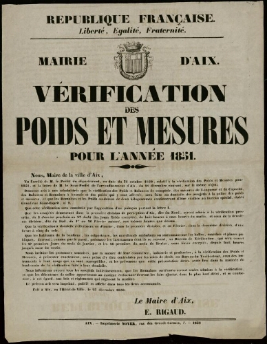 République française. Liberté, égalité, fraternité. Vérification des poids et mesures pour l'année 1851 / Mairie d'Aix