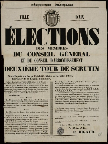 Elections des membres du conseil général et du conseil d'arrondissement. Deuxième tour de scrutin / Ville d’Aix