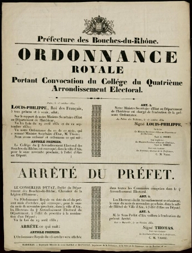 Ordonnance royale portant convocation du collège du quatrième arrondissement électoral / Préfecture des Bouches-du-Rhône