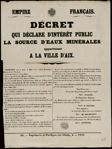 Décret qui déclare d'intérêt public la source d'eaux minérales appartenant à la ville d'Aix / Conseil des Ministres
