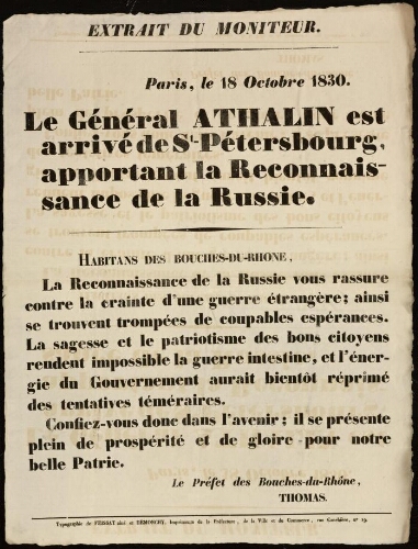 Extrait du Moniteur. Paris, le 18 octobre 1860 : le général Athalin est arrivé de St Pétersbourg, apportant la reconnaissance de la Russie / Mairie d'Aix