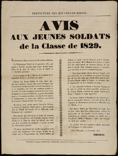 Avis aux jeunes soldats de la classe de 1829 / Préfecture des Bouches-du-Rhône