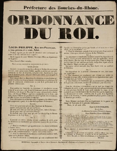 Ordonnance du Roi. « Louis-Philippe... » / Préfecture des Bouches-du-Rhône