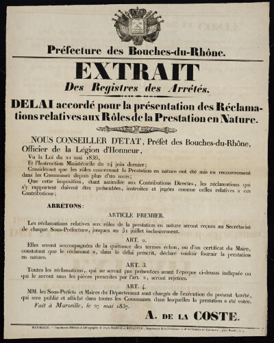 Délai accordé pour la présentation des réclamations relatives aux rôles de la prestation en nature   / Préfecture des Bouches-du-Rhône