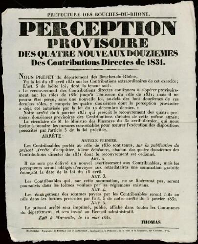 Perception provisoire des quatre nouveaux douzième des contributions directes de 1831 / Préfecture des Bouches-du-Rhône