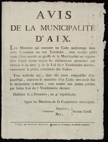 Avis de la municipalité d'Aix. Les ministres qui exercent un culte... sont avertis qu’il vient d’être ouvert... un registre dans lequel sont reçus les déclarations...