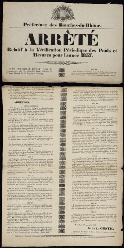 Arrêté relatif à la vérification périodique des poids et mesures pour l'année 1837   / Préfecture des Bouches-du-Rhône