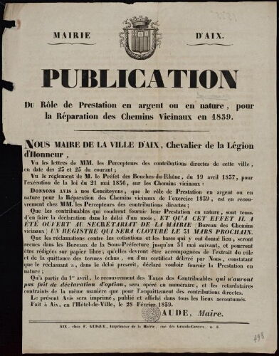 Publication du rôle de prestation en argent ou en nature, pour la réparation des chemins vicinaux en 1839 / Mairie d'Aix