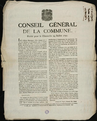 Conseil général de la commune. Publié pour le dimanche 24 juillet 1791 / [Mairie d’Aix]