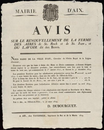 Avis sur le renouvellement de la ferme des aires de st Roch et de st Jean et du lavoir dit des Banos / Mairie d'Aix