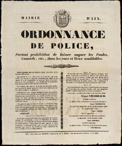 Ordonnance de police portant prohibition de laisser vaguer les poules, canards etc... dans les rues ...  / Mairie d'Aix