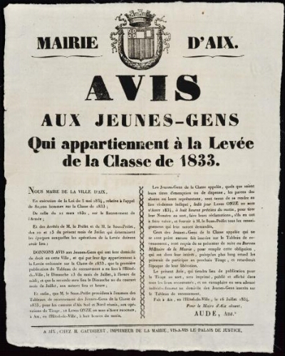 Avis aux jeunes gens qui appartiennent à la levée de la classe de 1833  / Mairie d'Aix