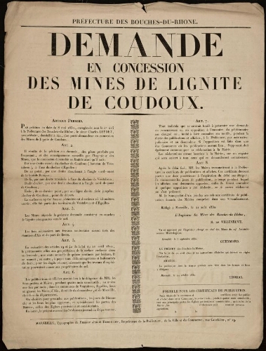 Demande en concession des mines de lignite de Coudoux / Préfecture des Bouches-du-Rhône