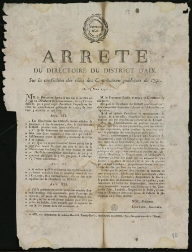 Arrêté du directoire du district d'Aix. Sur la confection des rôles des contributions publiques de 1791