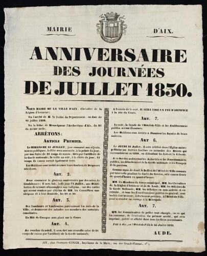 Anniversaire des journées de juillet 1830   / Mairie d'Aix