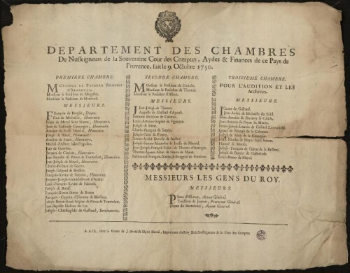 Département des chambres de nosseigneurs de la souveraine Cour des comptes, aydes et finances de ce Pays de Provence