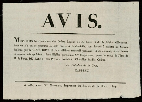 Avis / Cour royale d'Aix