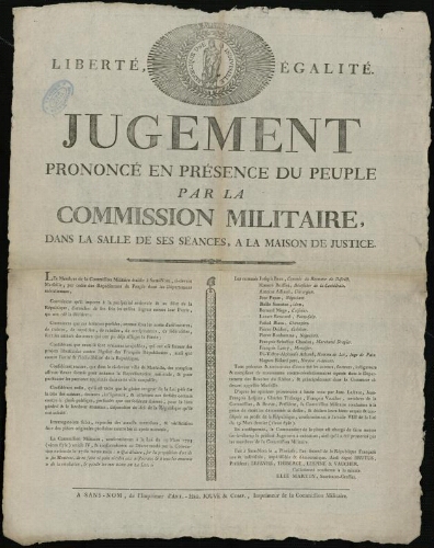 Jugement prononcé en présence du peuple par la commission militaire, dans la salle de ses séances, à la maison de justice