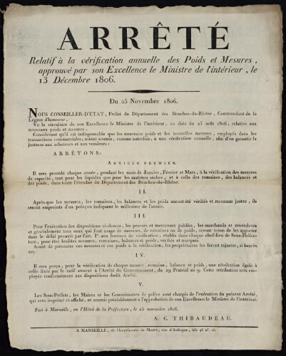 Arrête, relatif à la vérification annuelle des poids et mesures, approuvé par son Excellence le Ministre de l'Intérieur, le 13 décembre 1806. / Préfecture des Bouches-du-Rhône