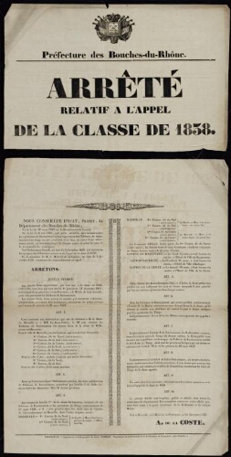 Arrêté relatif à l'appel de la classe de 1838   / Préfecture des Bouches-du-Rhône