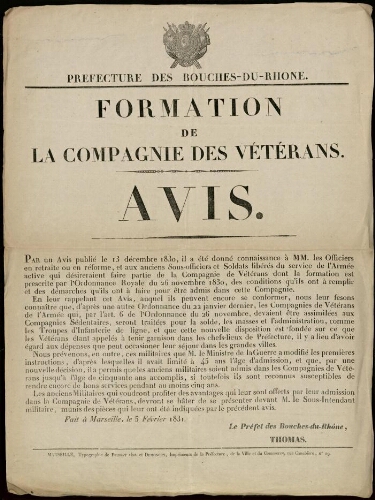 Formation de la compagnie des vétérans. Avis / Préfecture des Bouches-du-Rhône
