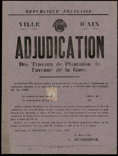 Adjudication des travaux de plantation de l’avenue de la Gare / Ville d’Aix