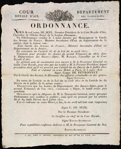 Ordonnance / Cour royale d'Aix. Département des Basses-Alpes