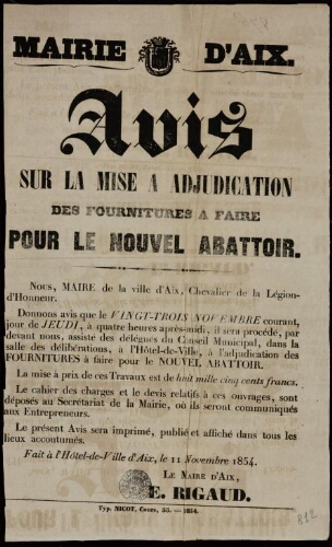 Avis sur la mise à adjudication des fournitures à faire pour le nouvel abattoir / Mairie d'Aix