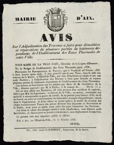 Avis sur l'adjudication des travaux à faire pour démolition et réparations de plusieurs parties de bâtiments dépendants de l'établissement des eaux thermales de cette ville   / Mairie d'Aix