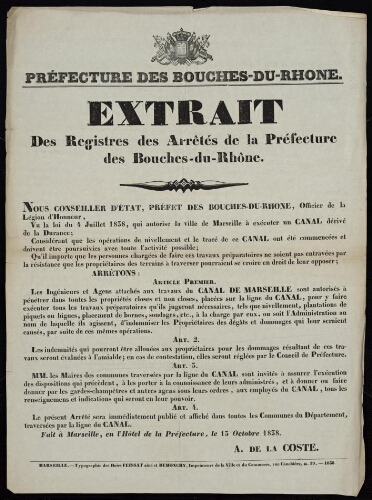 Extrait des registres des arrêtés… [ concernant les travaux du canal de Marseille ] / Préfecture des Bouches-du-Rhône