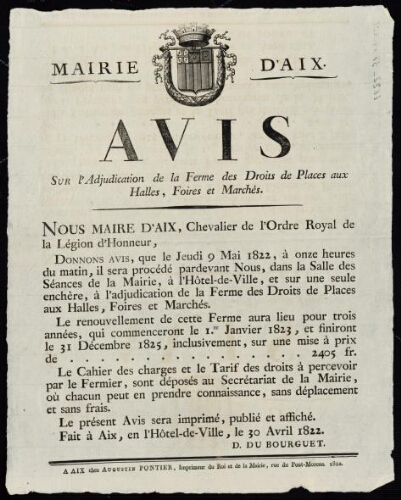 Avis sur l'adjudication de la ferme des droits de places aux Halles, foires et marchés / Mairie d'Aix