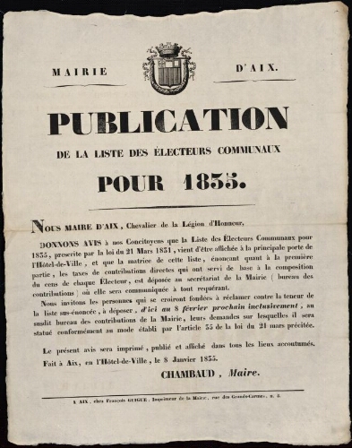 Publication de la liste des électeurs communaux pour 1835  / Mairie d'Aix