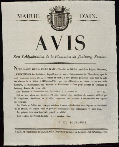 Avis sur l'adjudication de la plantation du faubourg Sextius / Mairie d'Aix