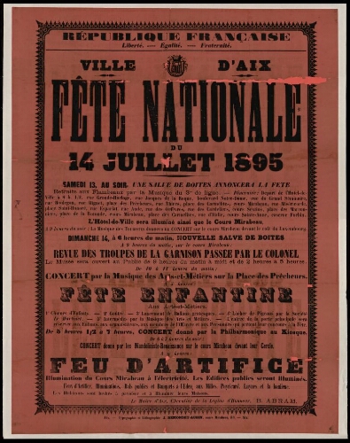 Fête nationale du 14 juillet 1895. Programme / Mairie d'Aix