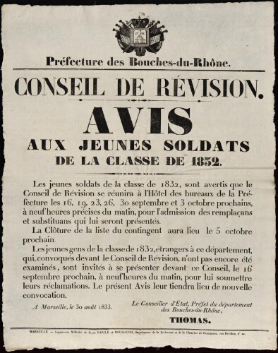 Conseil de révision : avis aux jeunes soldats de la classe de 1832 / Préfecture des Bouches-du-Rhône