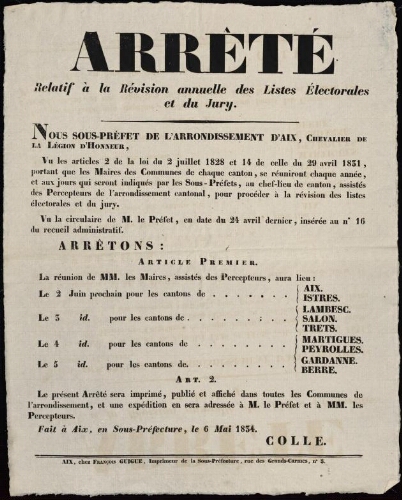 Arrêté relatif à la révision annuelle des listes électorales et du jury  / [Sous-préfecture d’Aix]