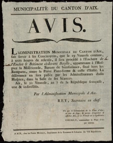 Municipalité du Canton d'Aix. Avis